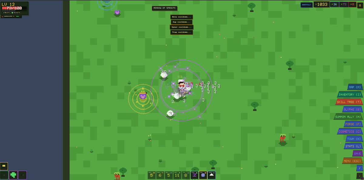 Pixoot gameplay screenshot: a level 12 hero fights in the Meadow of Sprouts as glyph abilities come off cooldown, with gold, enemies, a treasure chest and the full HUD visible.